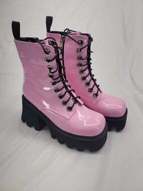 LA MODA Platform Combat Boots Goth Lace Up Side Zip Pink Patent Leather Size 7